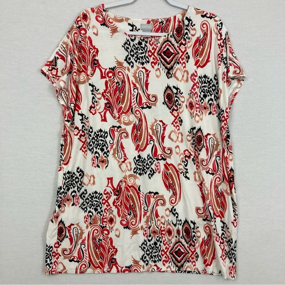 Chico's Multi Color Soft Stretch Crew Neck Paisley Short Sleeve Top XL/3 - Picture 1 of 9
